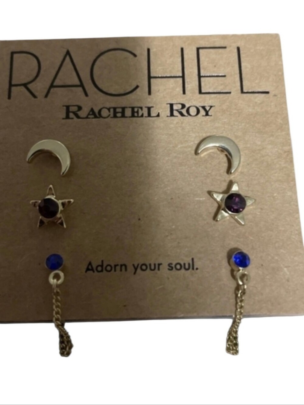 NWT Rachel Rachel Roy Three Earring Set Moon Stars Chains Gold Purple Blue